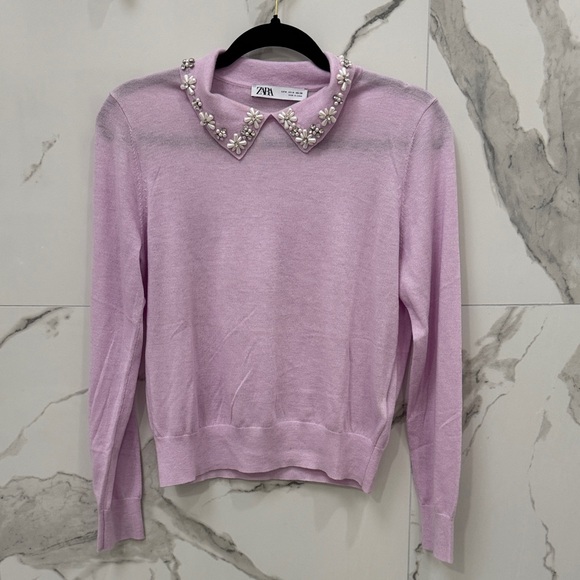 Zara Light Purple Sweater with Pearl Diamond Flower Collar - Picture 2 of 8